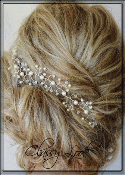 Кристална булчинска украса за коса с перли модел Bloom - 25 см